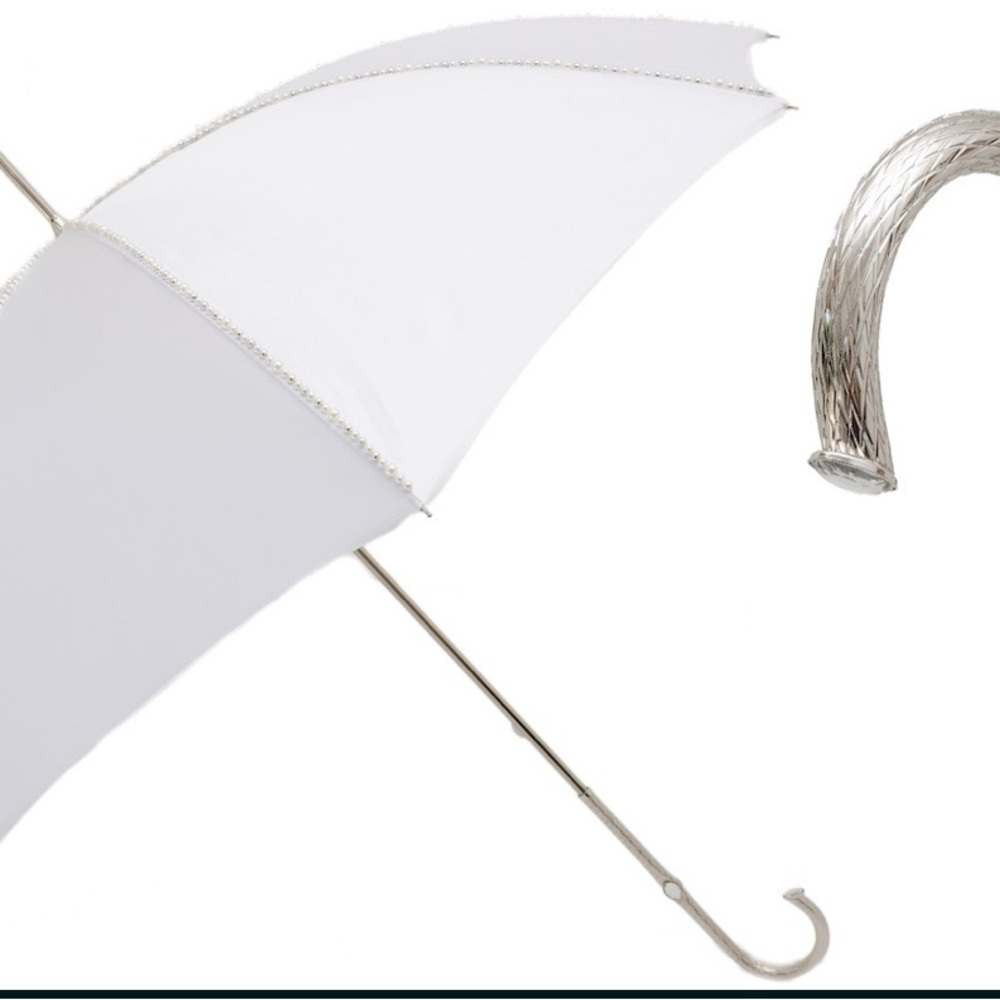 Pasotti handmade white wedding umbrella/bridal parasol with pearls. New in box.